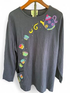 The Quacker Factory Teapot Tea Cups Embroidered Tunic Top 1X Cotton Pocket